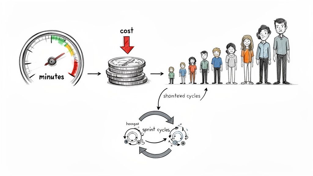 Illustration showing time, reduced cost, a growing team, and efficient sprint cycles in product development.