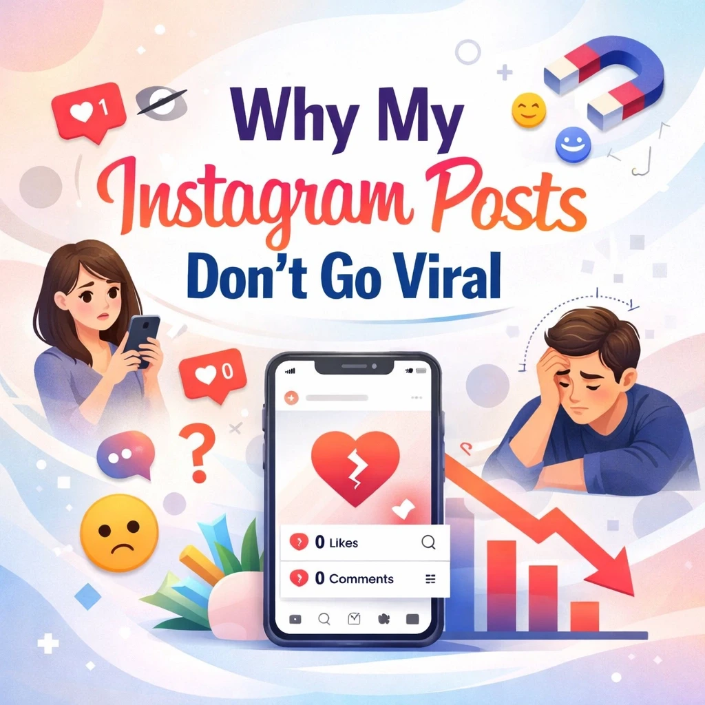 Modern blog cover design with the title “Why My Instagram Posts Don’t Go Viral,” featuring a frustrated creator looking at a phone with zero likes, declining engagement icons, and abstract Instagram-style visuals on a light pastel background.