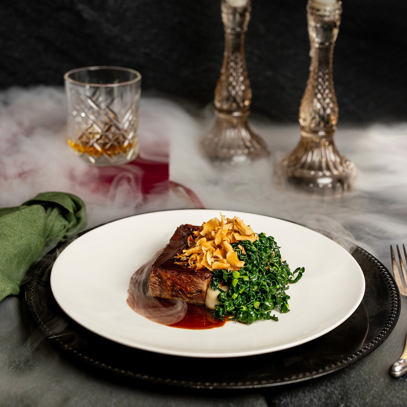 Braised beef, Tuscan kale, Jerusalemm artichoke & sherry sauce