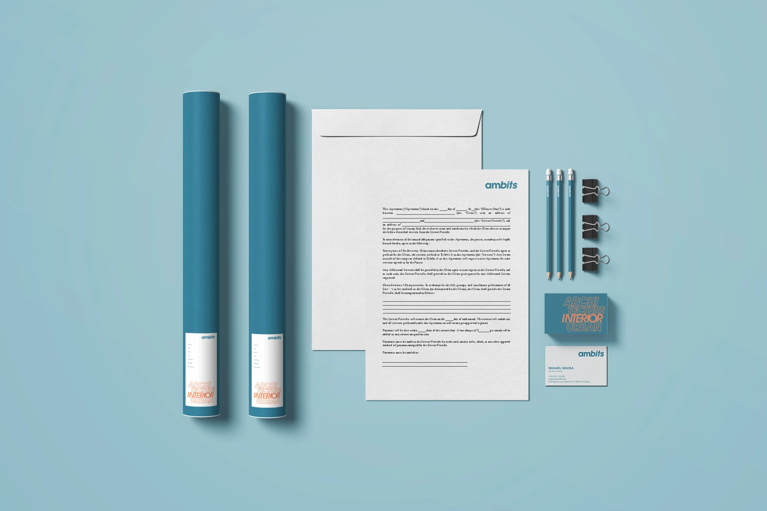Brand identity and stationery design for Ambits architecture studio featuring letterhead, business cards, architectural drawings tubes and minimalist branding.