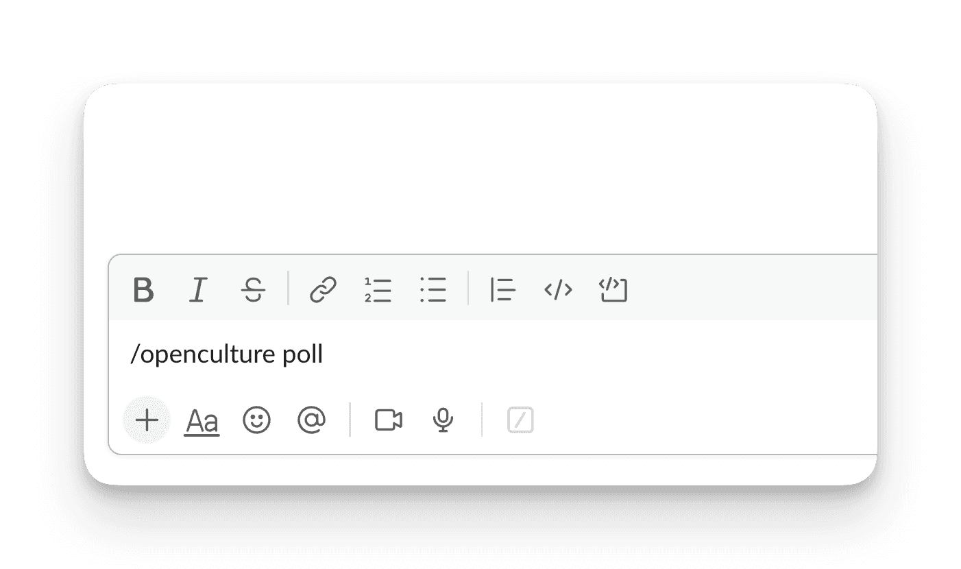 Slack message input field with "/openculture poll" typed in