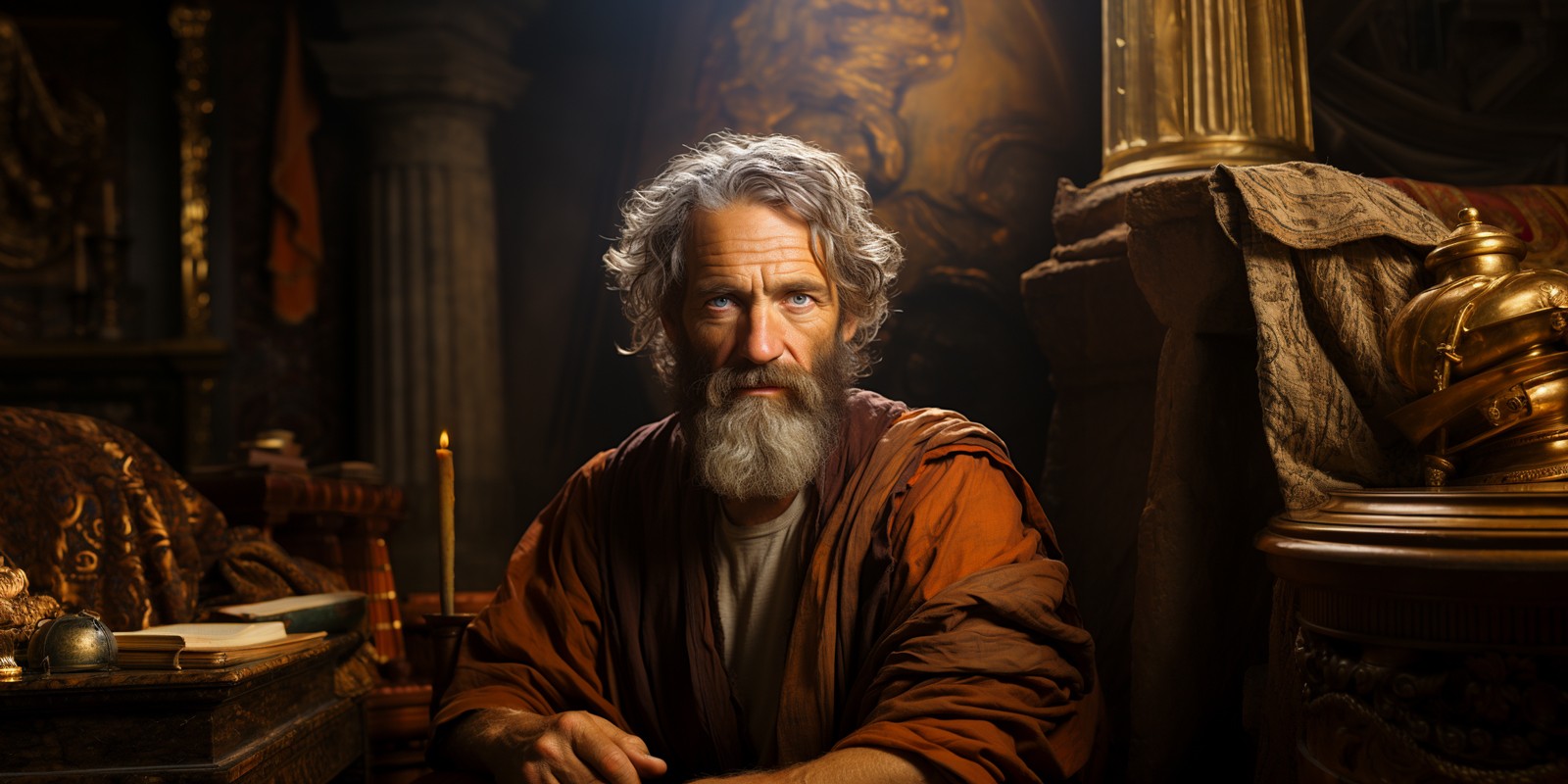 Давньогрецький філософ Арісторель в інтер'єрі з класичними колоннами