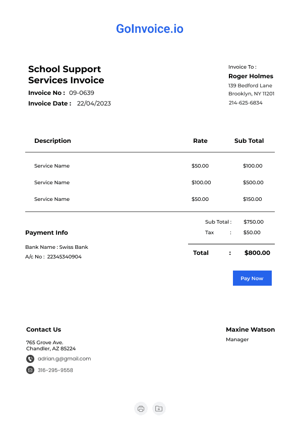 School Support Services Invoice