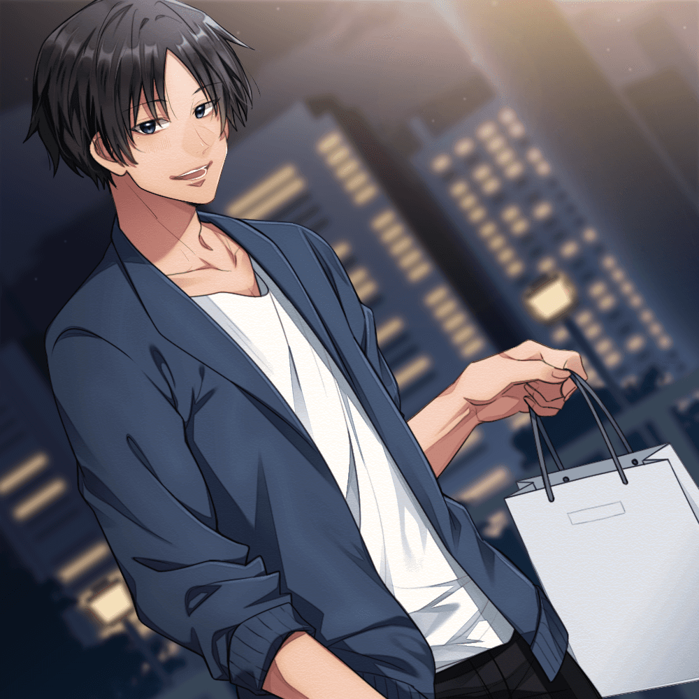 涼月 明が紙袋を持って微笑んでいる