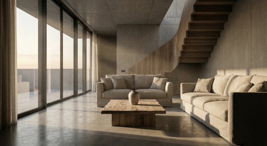 Contemporary interior or exterior space, emphasis on natural and artificial light shaping form, soft shadows and highlights, volumetric light rays, realistic material textures