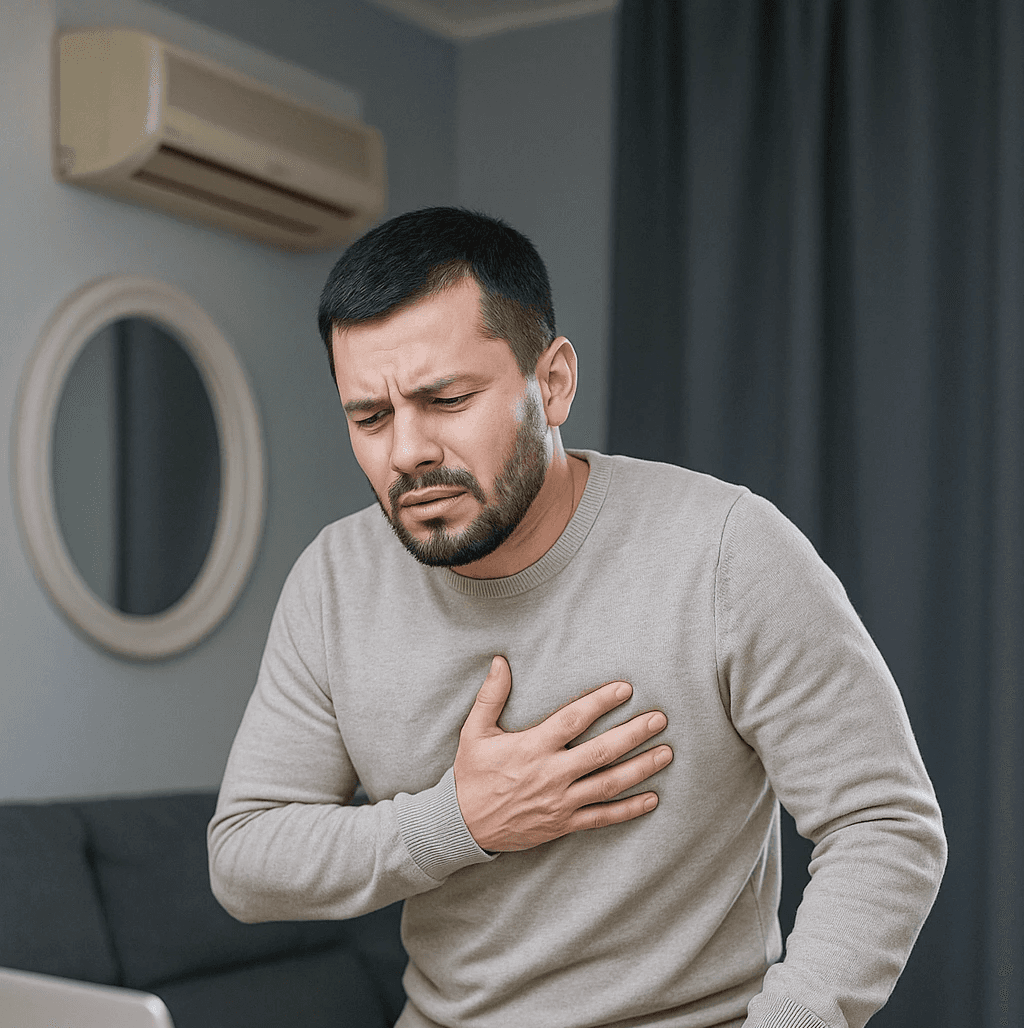 A man in a beige sweater clutching his chest with an expression of pain or discomfort, sitting in front of a laptop in a modern office, illustrating symptoms of cardiac arrhythmia