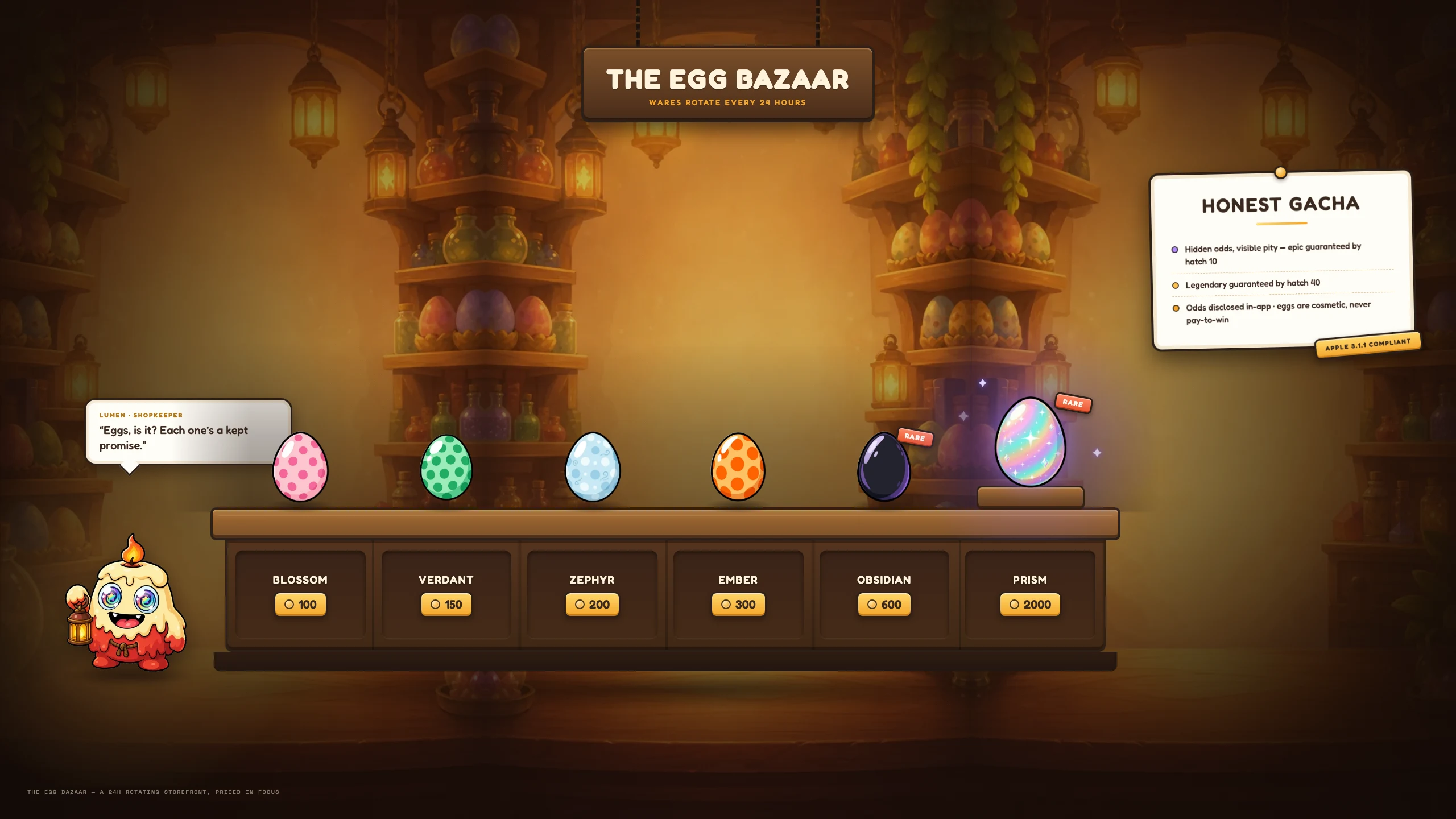 The Egg Bazaar: six eggs priced in coins, Lumen the candle-monster shopkeeper, and the honest-gacha pity rules — epic by hatch 10, legendary by hatch 40, odds disclosed in-app.
