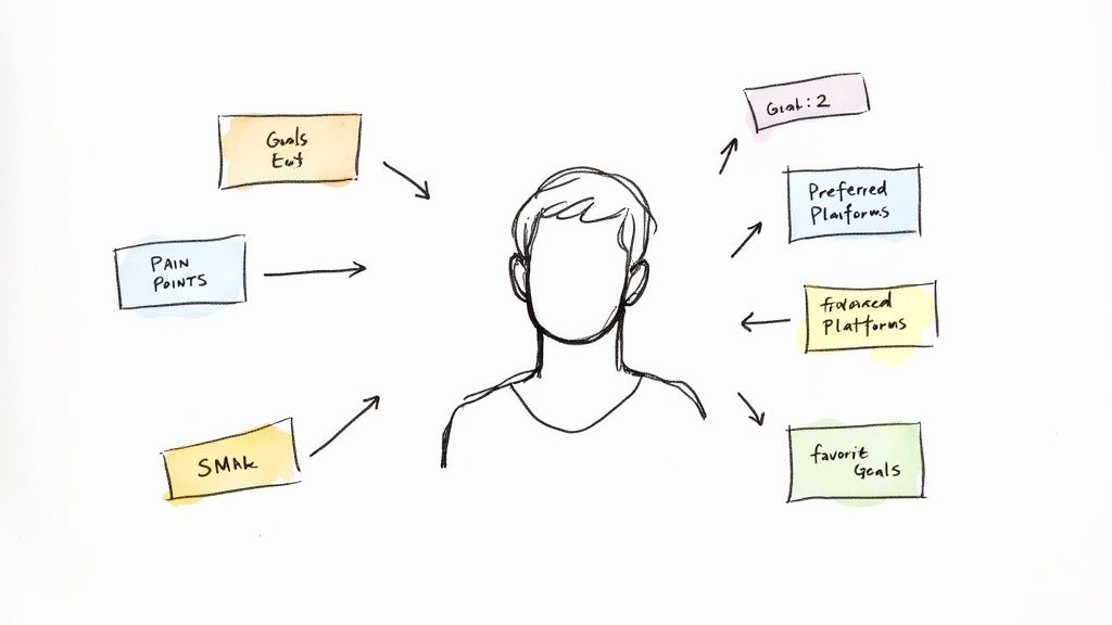 User persona diagram showing goals, pain points, preferred platforms, and favorite goals mapping strategy
