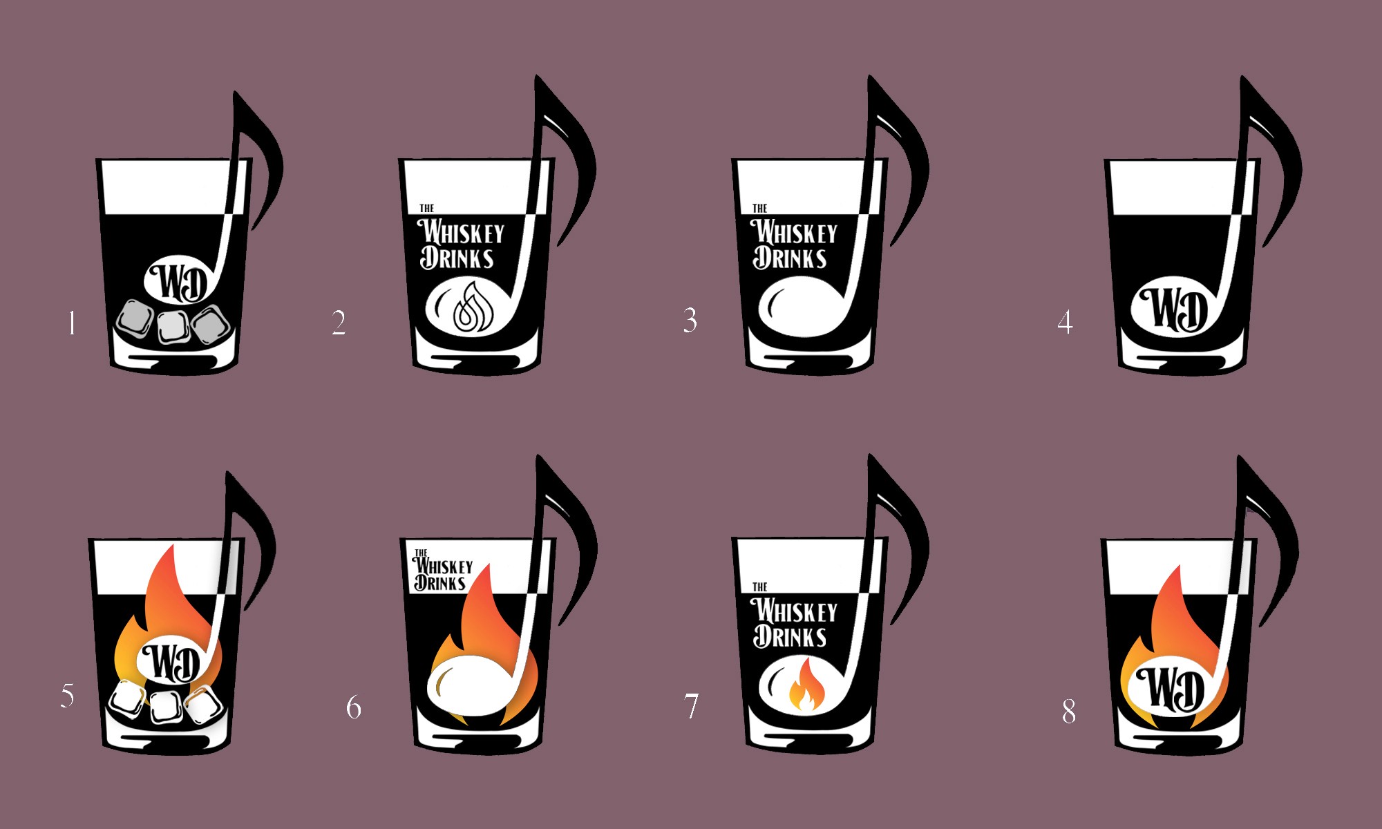 Eight logo variations featuring a whiskey glass with different note and flame design treatments.