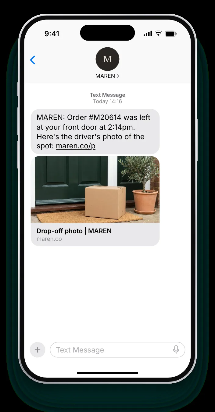 Where it was left, with the driver's photo delivery confirmation text on an iPhone