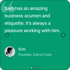 Customer testimonial section with a quote from a client to build trust on a link in bio.