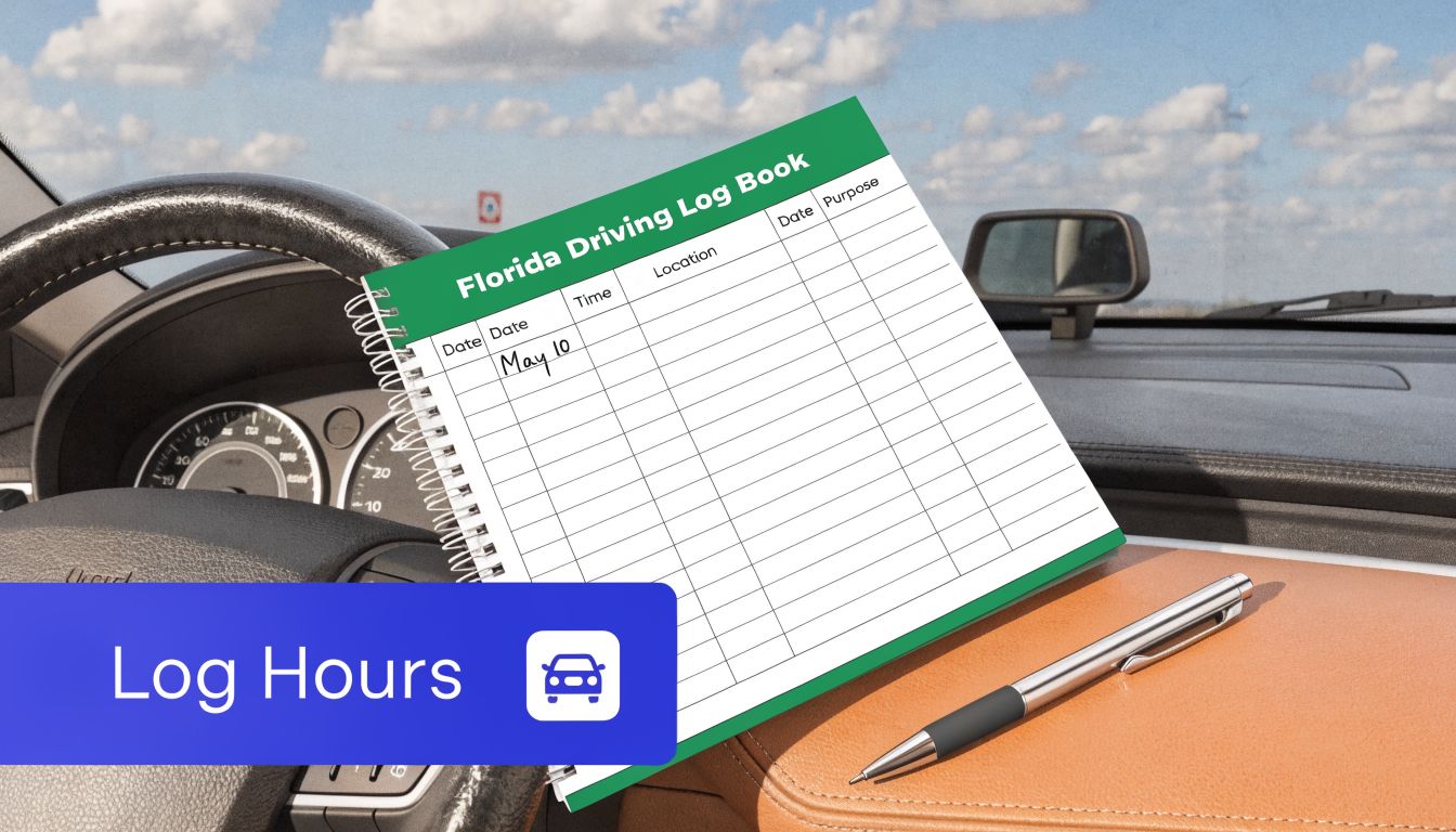 A Florida driving log book rests on a car dashboard next to a pen for tracking hours.