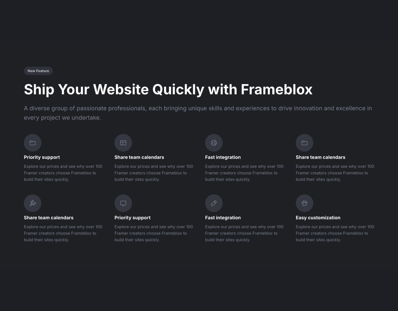 Framer Dark Features Section - Frameblox UI
