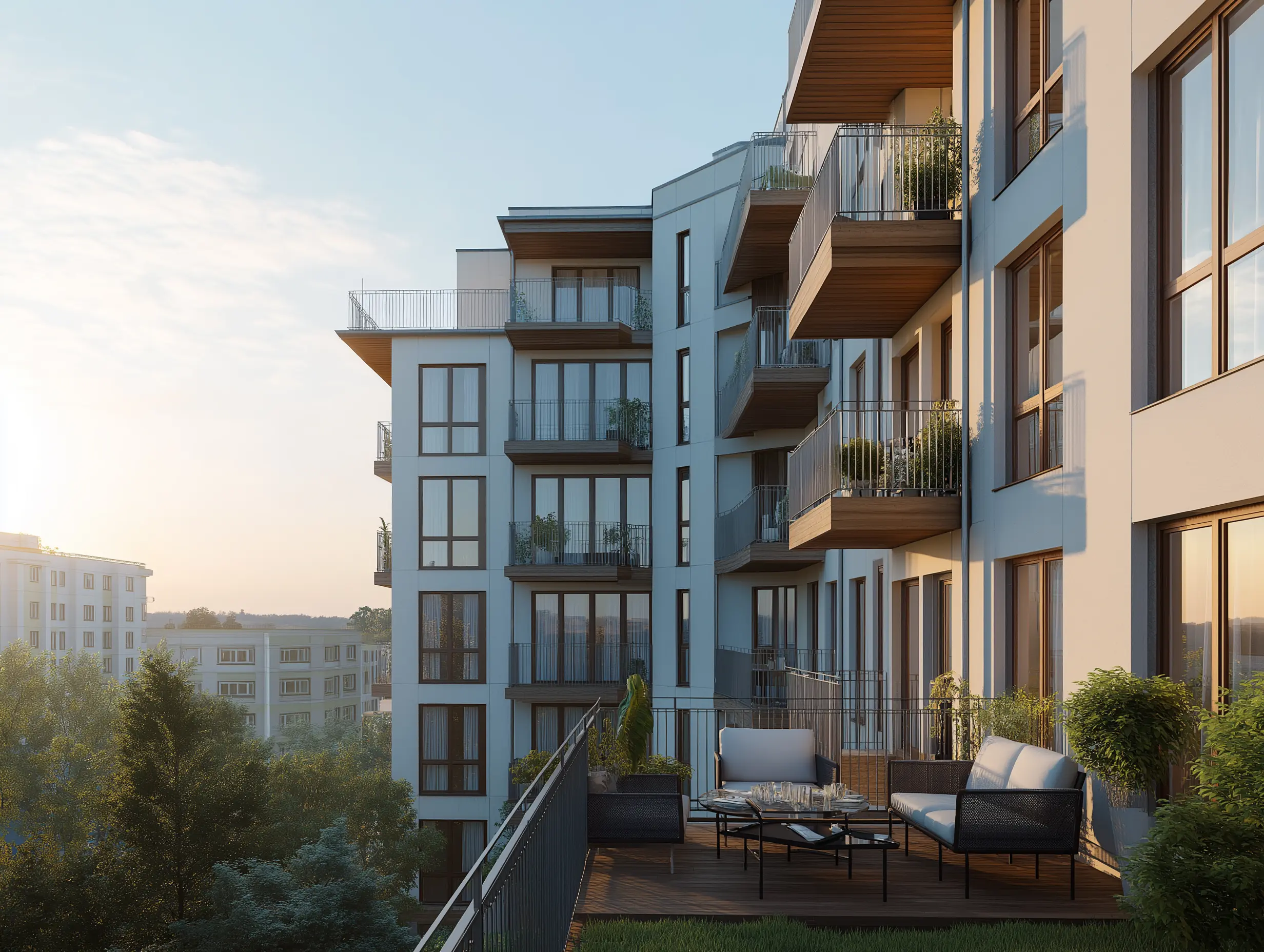 A close-up, elevated view of the side of a modern apartment building with white brickwork and balconies with wooden accents and glass balustrades. A roof terrace with outdoor furniture is in the foreground, with trees and a city view below during twilight.