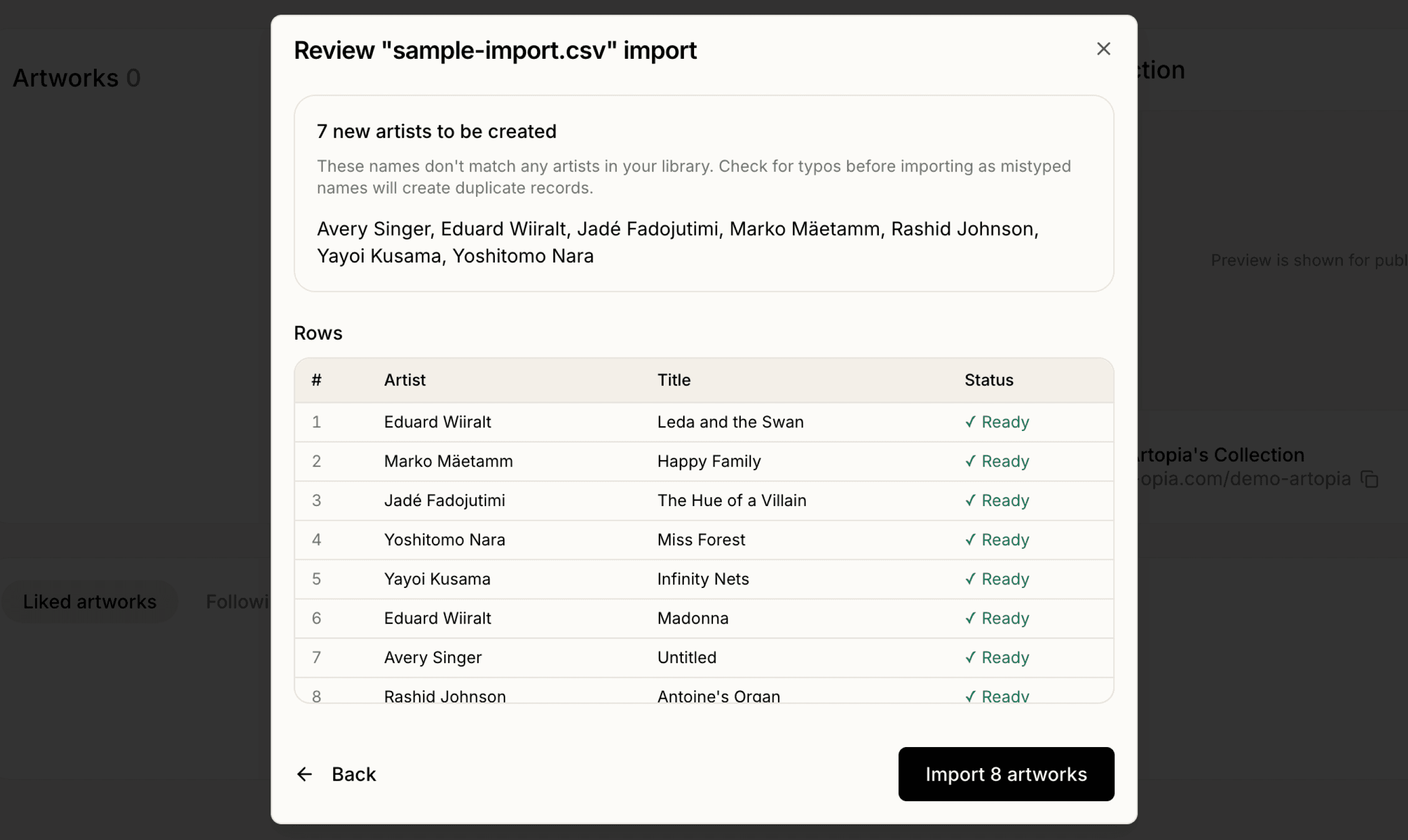 Review importing artworks