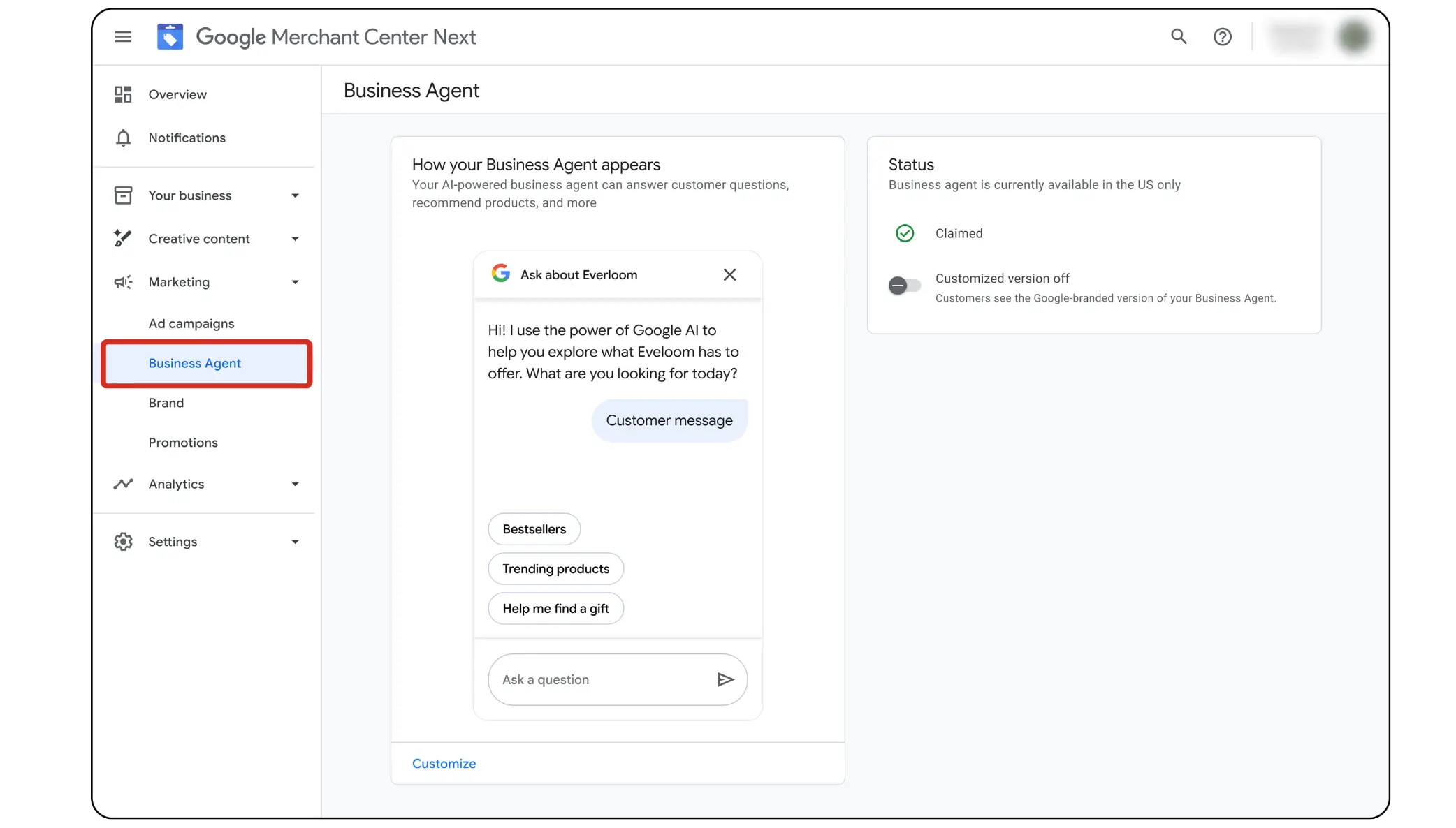 Business Agent feature in Google Merchant Center