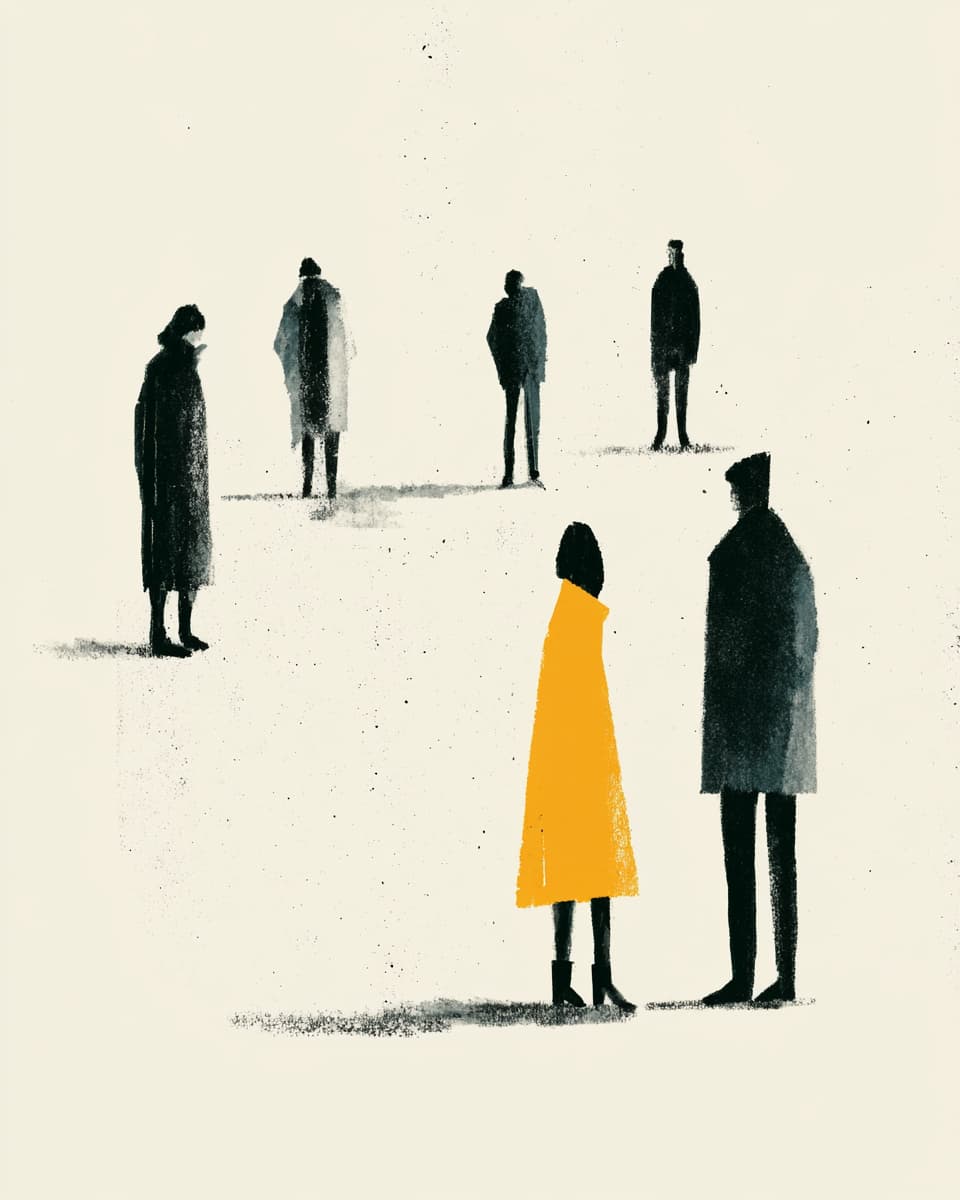 Illustration mit Menschen: Gruppe von Personen in dunklen Mänteln, eine Frau in gelb, minimalistischer Stil.