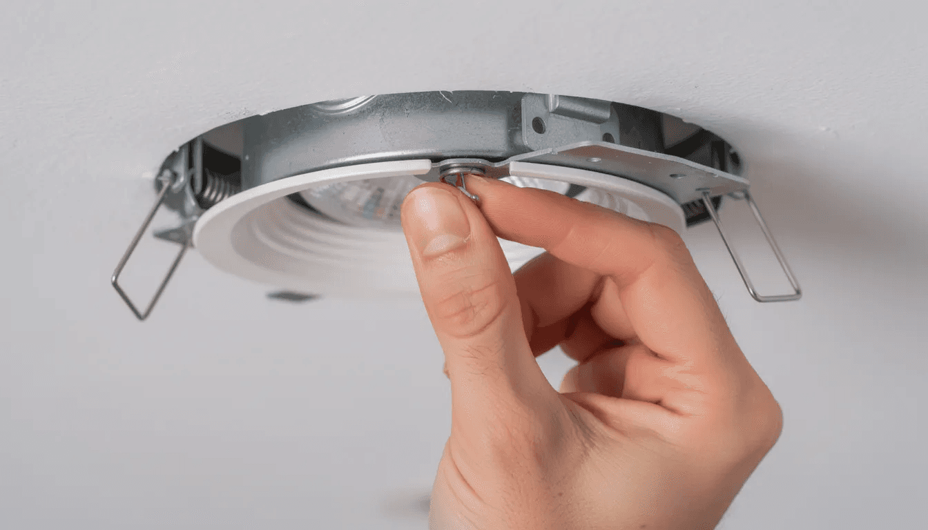 A hand is demonstrating the proper technique for squeezing spring clips on a recessed light bulb, showcasing how to safely remove the old bulb from the recessed lighting fixture. The image emphasizes the grip and positioning of the fingers to effectively manage the spring clips, a crucial step when replacing recessed light bulbs.