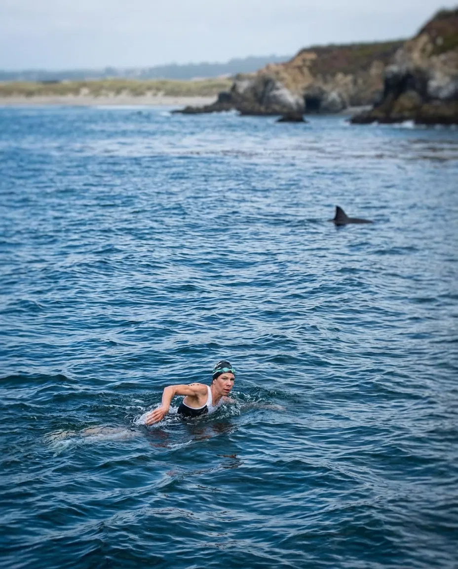 Experienced female triathlete training in open ocean waters near the California coast