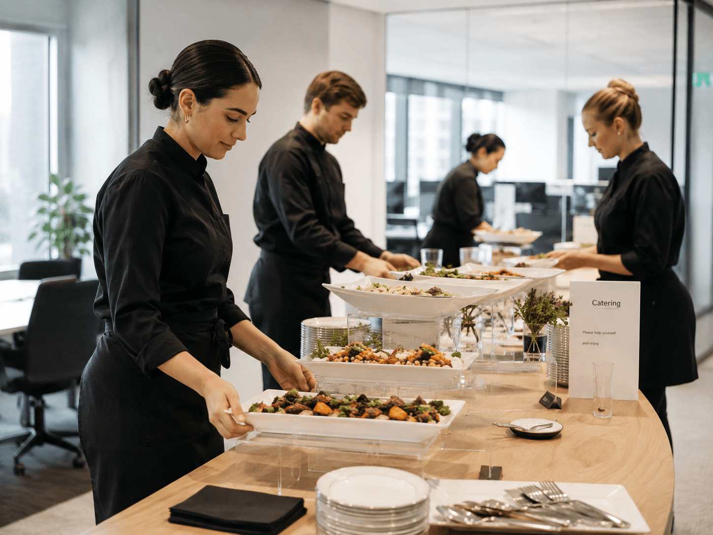 Equipe repondo ponto fixo de alimentação corporativa em empresa de São Paulo