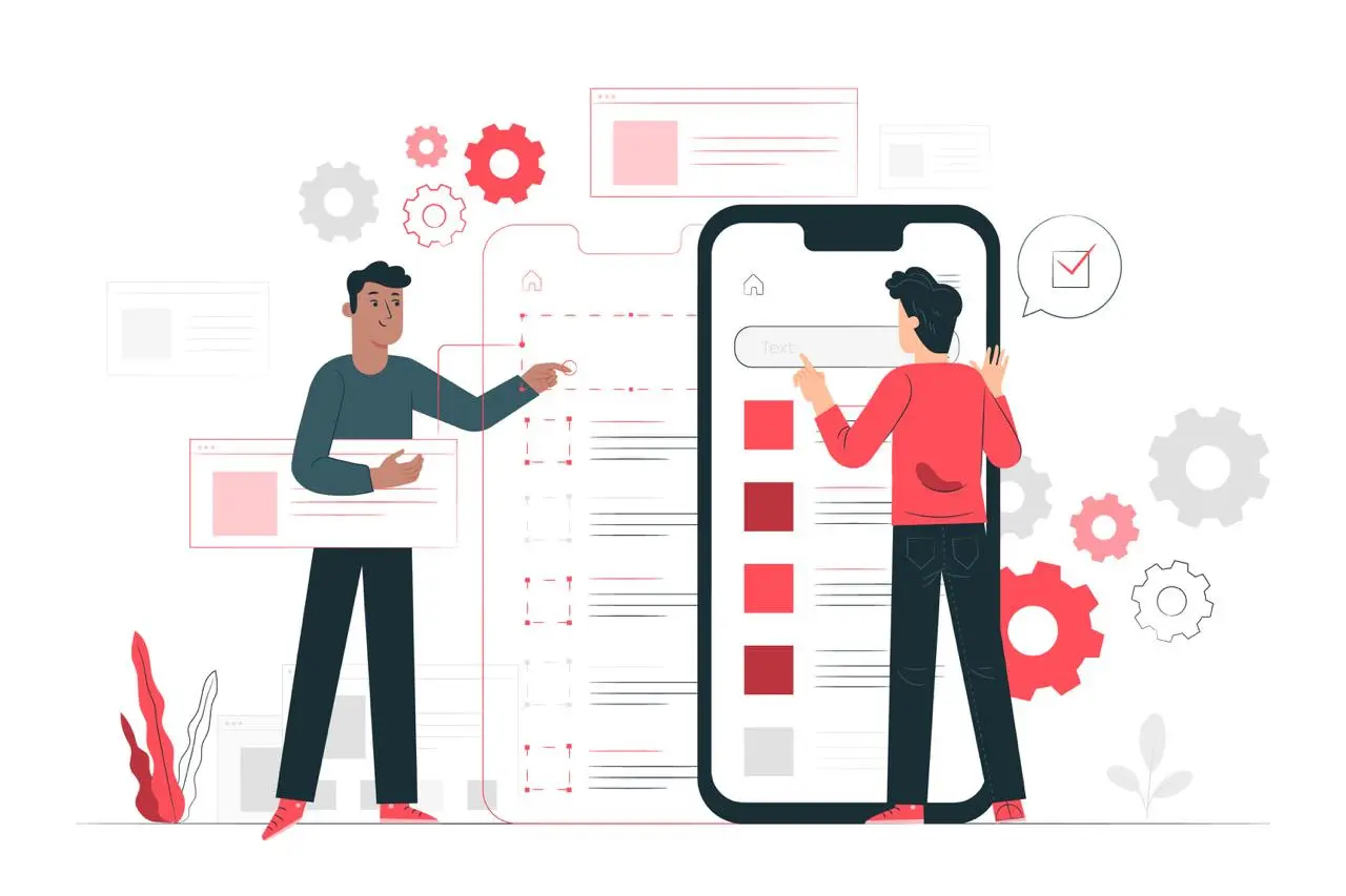 Ilustración de dos hombres construyendo y configurando la interfaz de una aplicación móvil