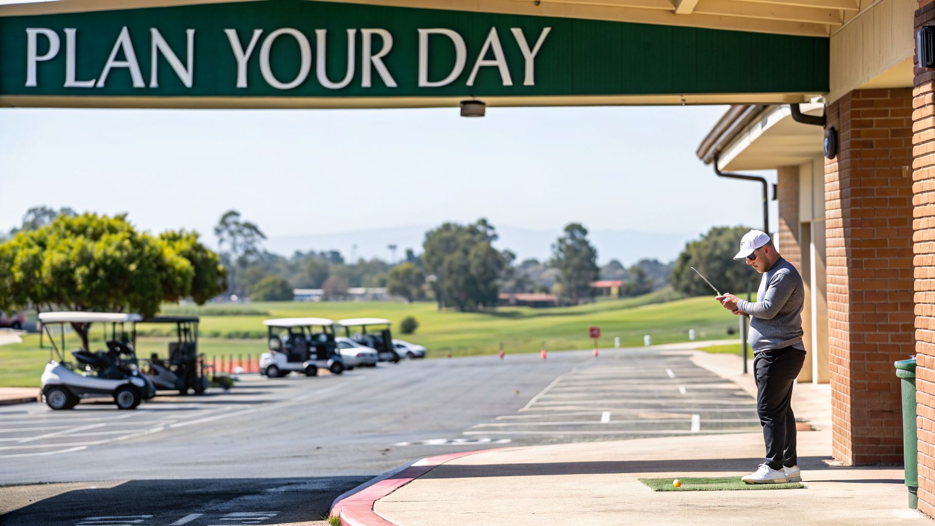 A golfer looks at his device at a driving range under a 'PLAN YOUR DAY' sign.