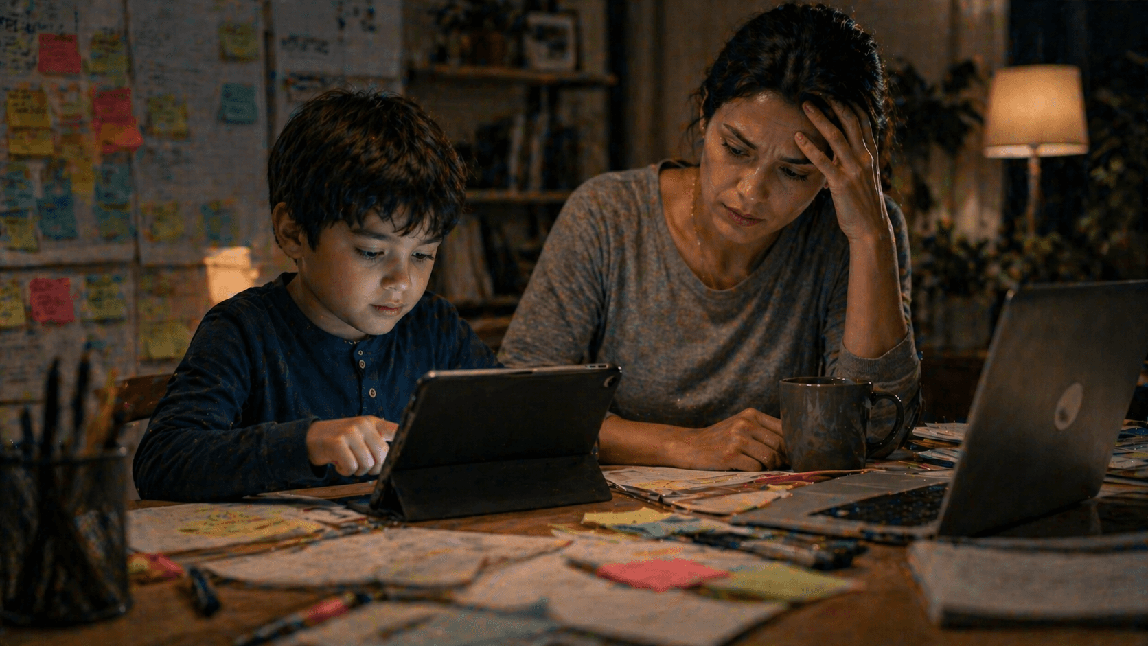 A young child, focused and intent, works on a tablet surrounded by a cluttered table of colorful sticky notes and papers, while a woman, appearing thoughtful and slightly stressed, sits beside him under warm, soft indoor lighting.