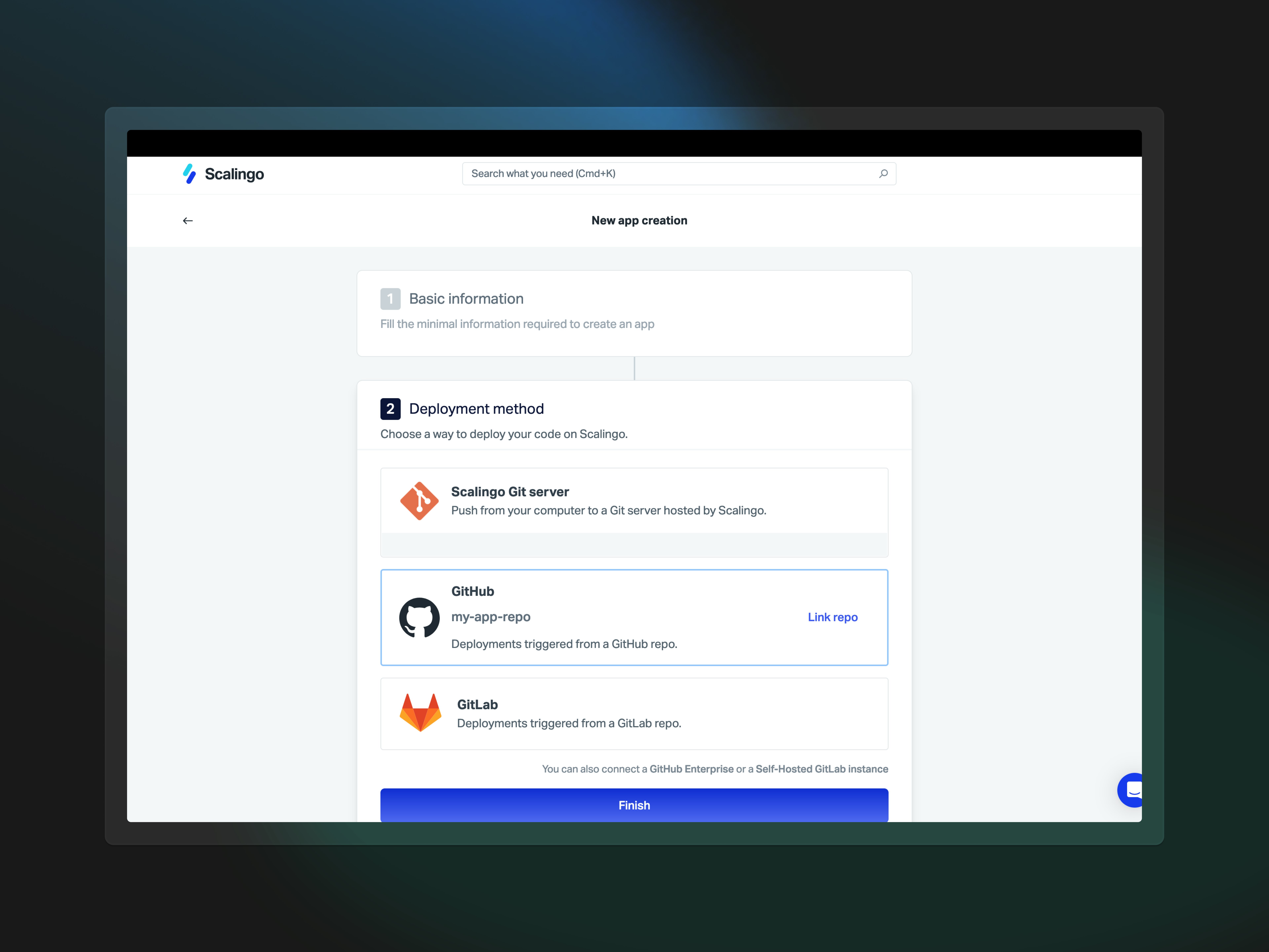 Le menu de déploiement sur Scalingo