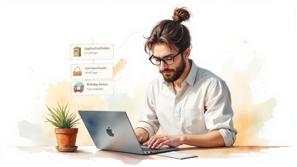 A man with a man bun and glasses works on a laptop, with digital rewards and loyalty program elements in the background.