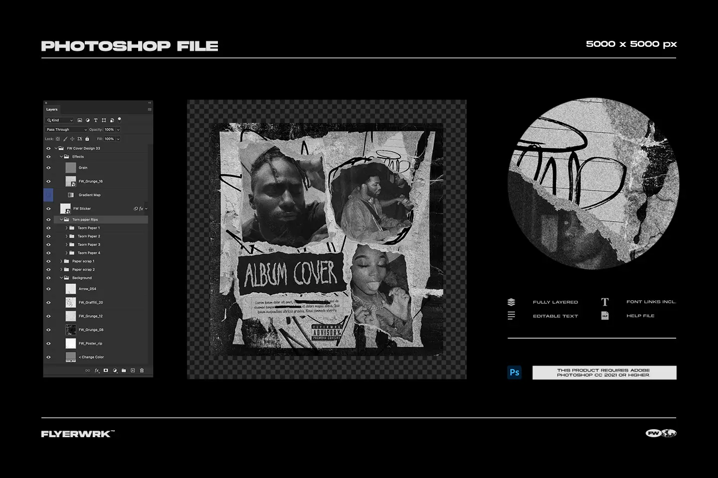 Detailed view of the grunge textures and layered paper effects included in the volume seven pack