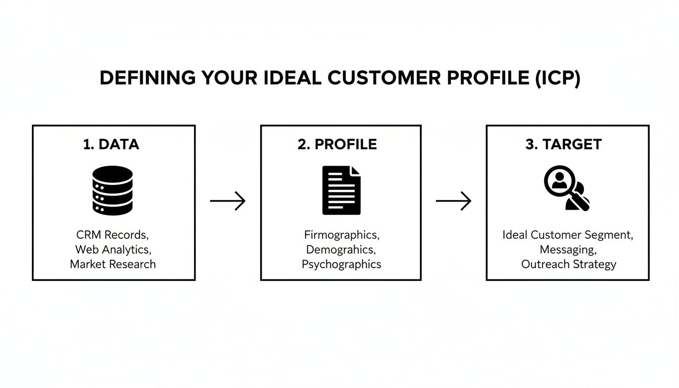 A diagram outlining the three-step process for defining an Ideal Customer Profile (ICP).