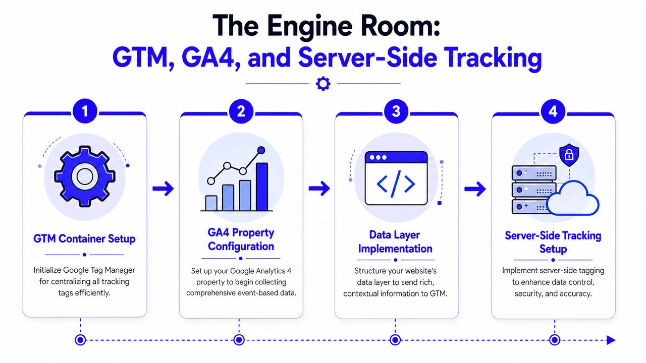 A four-step infographic illustrating the setup process for GTM, GA4, and server-side tracking for digital marketing.