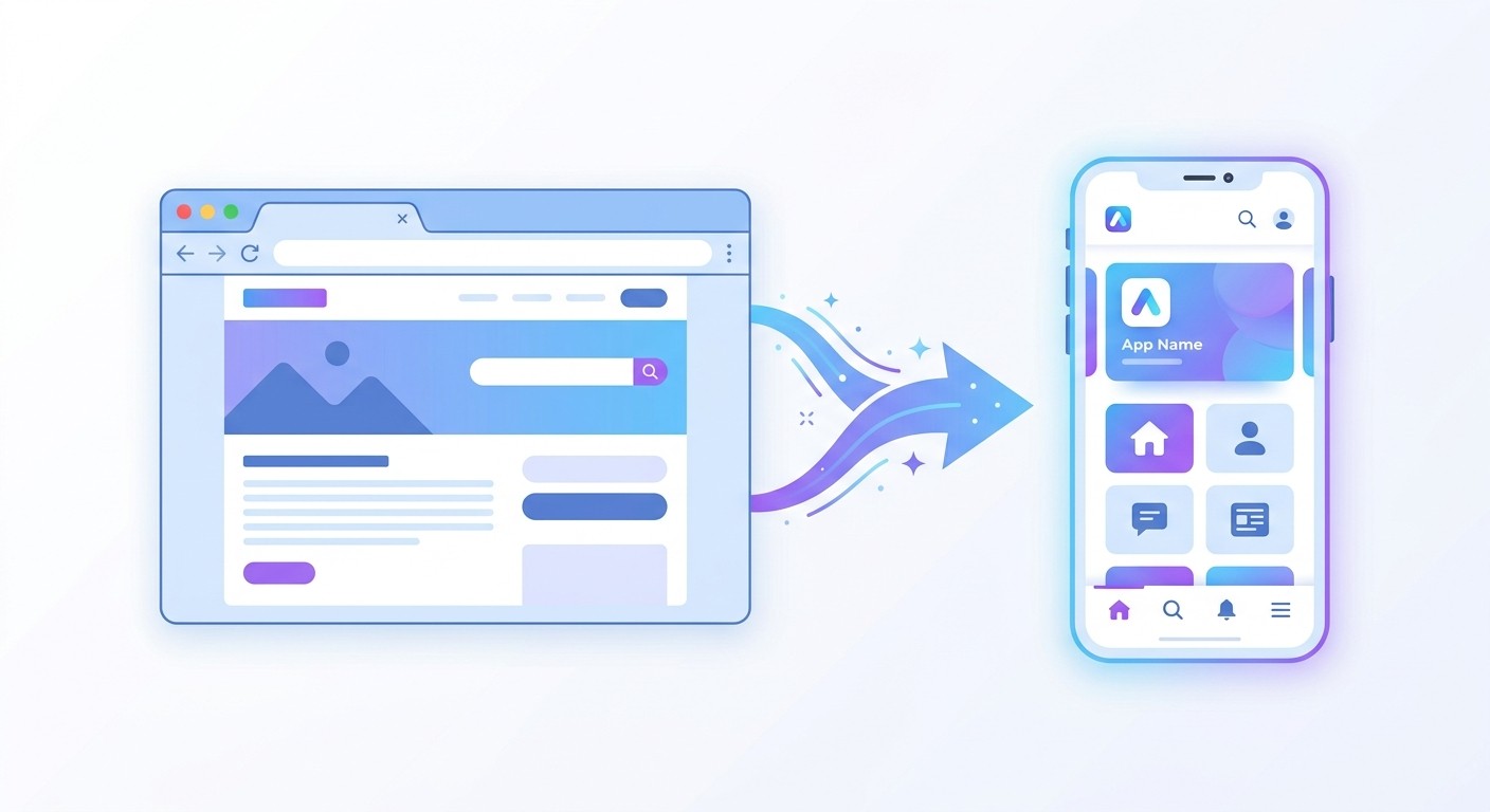 Illustration of a web browser transforming into a native mobile phone app