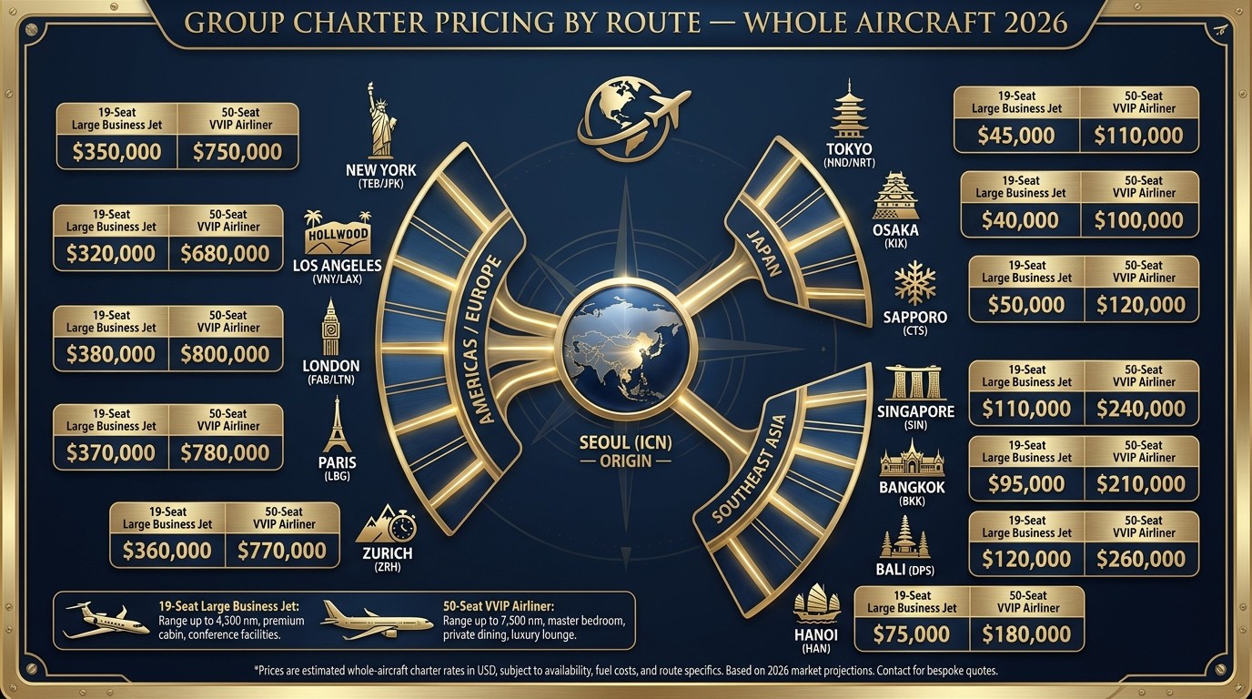 Group charter pricing by route — Seoul to Japan, Southeast Asia, Americas, 19-seat heavy business jet and 50-seat VVIP airliner per-seat economics