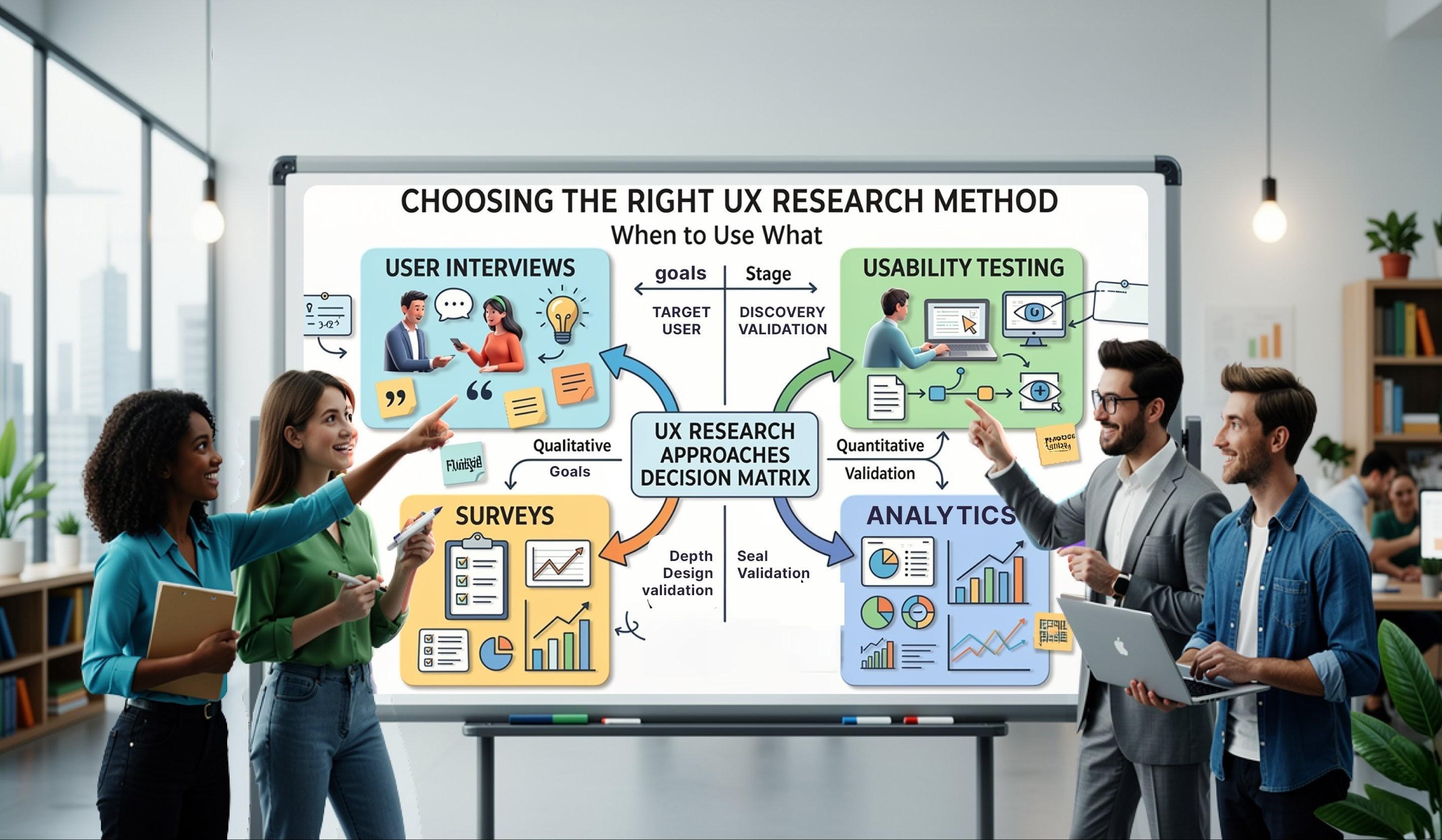 Team reviewing a whiteboard decision matrix comparing UX research methods such as user interviews, usability testing, surveys, and analytics to choose the right method for different product stages and research goals.