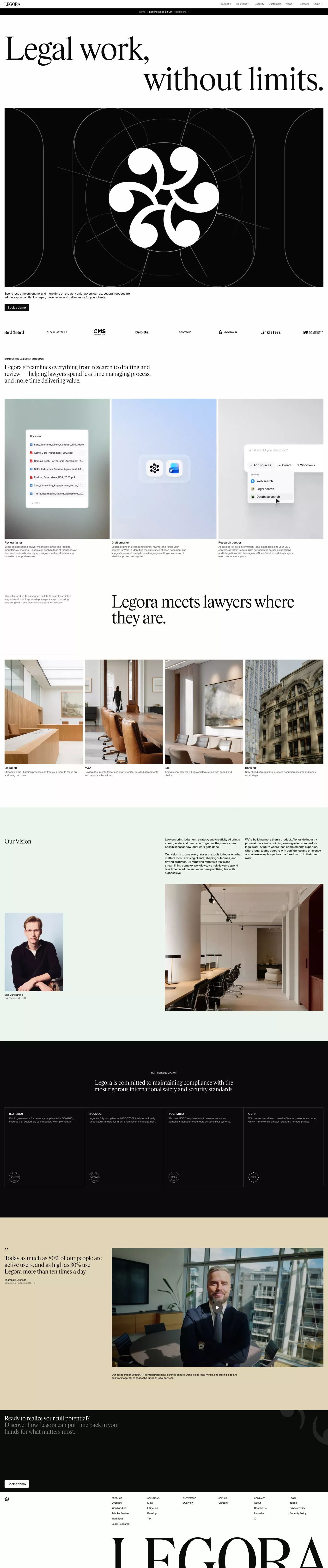 Legora landing page screenshot showcasing Tech design