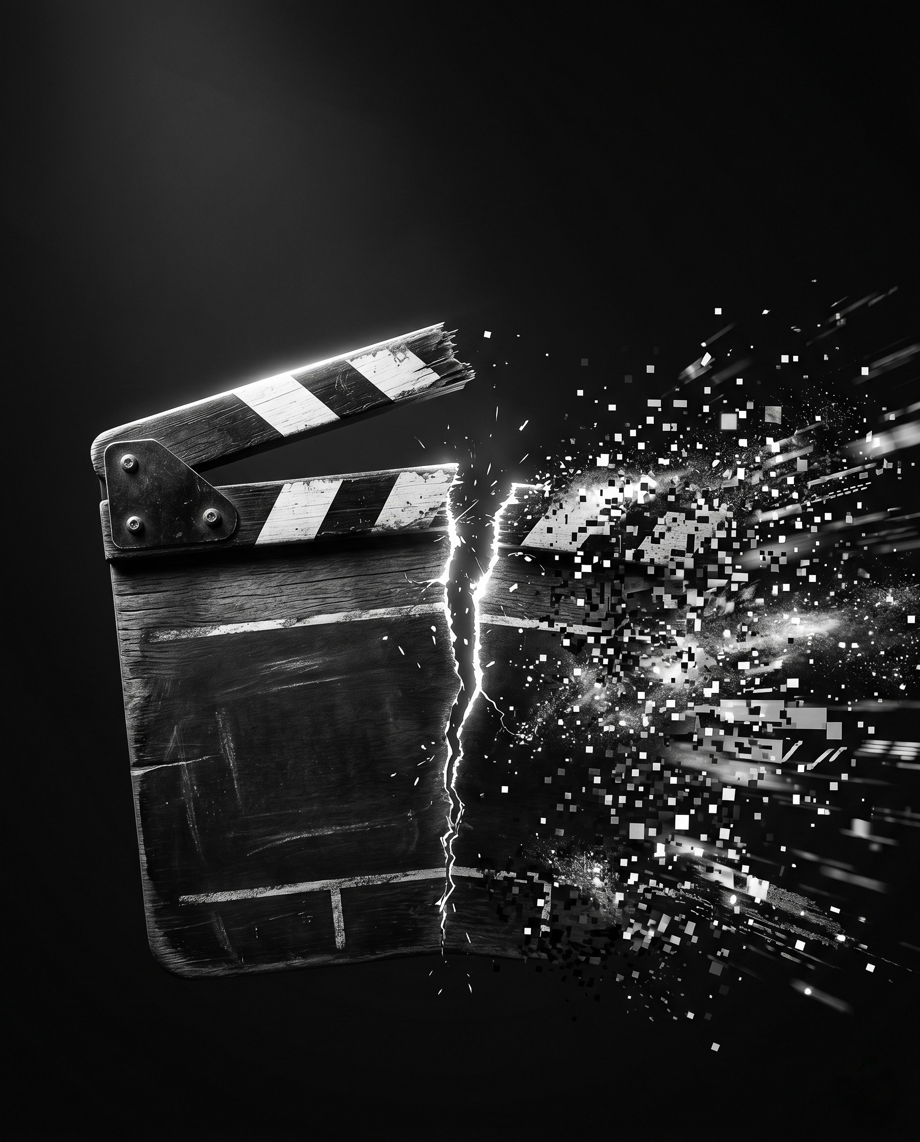 Traditional film clapperboard shattering into digital pixels — symbolizing the disruption of legacy video production by AI and automation.