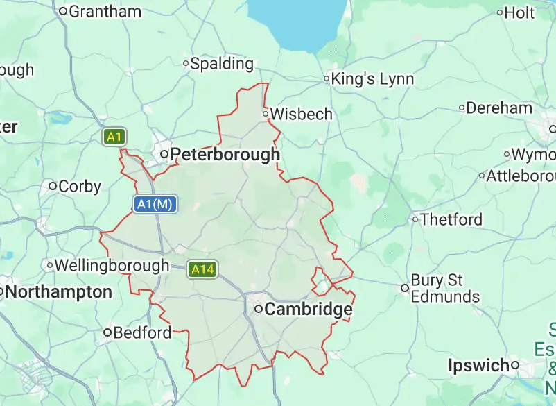 Map showing Cambridgeshire, Peterborough, and surrounding towns.