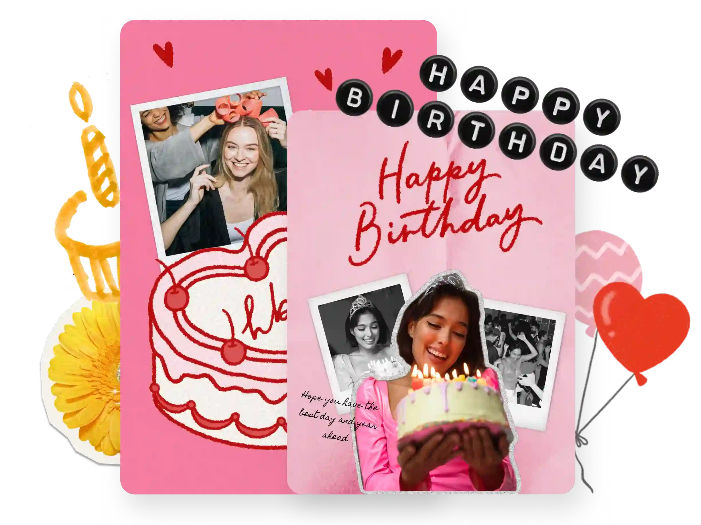 Two pink birthday cards with Happy Birthday in red script, polaroid photos of women with cake, and party decorations