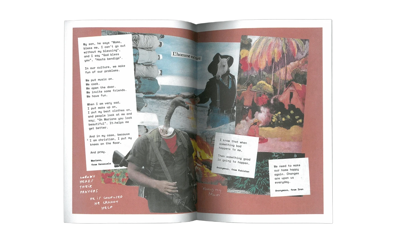 Découpage collage d'images symbolisant la violence : un cowboy avec une tête de cheval, un militaire avec une tête de vautour.