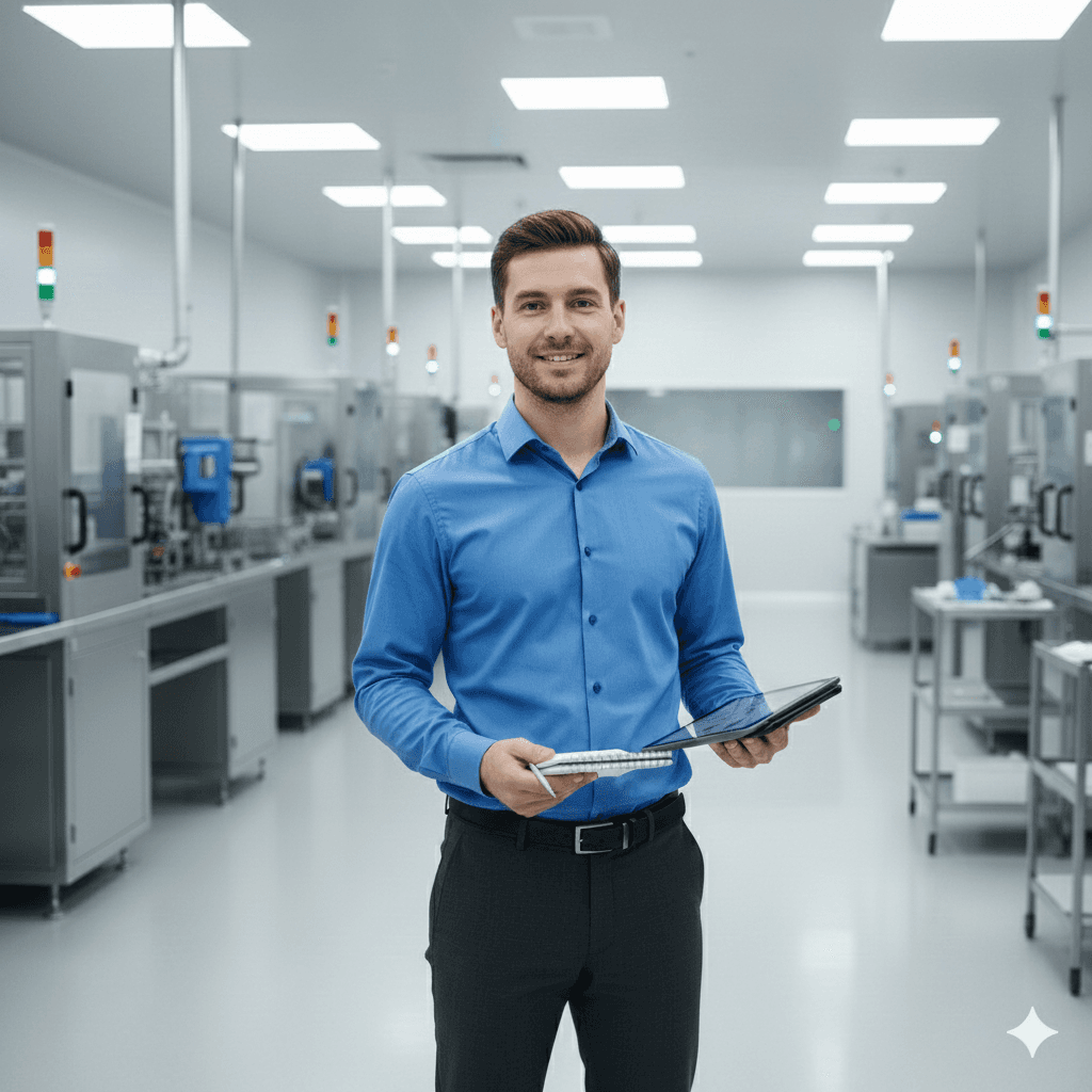 Manufacturing professional with tablet in modern CNC facility