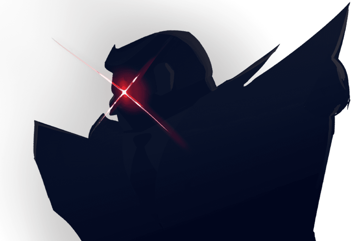 an ominous silhouette with a shimmering red eye