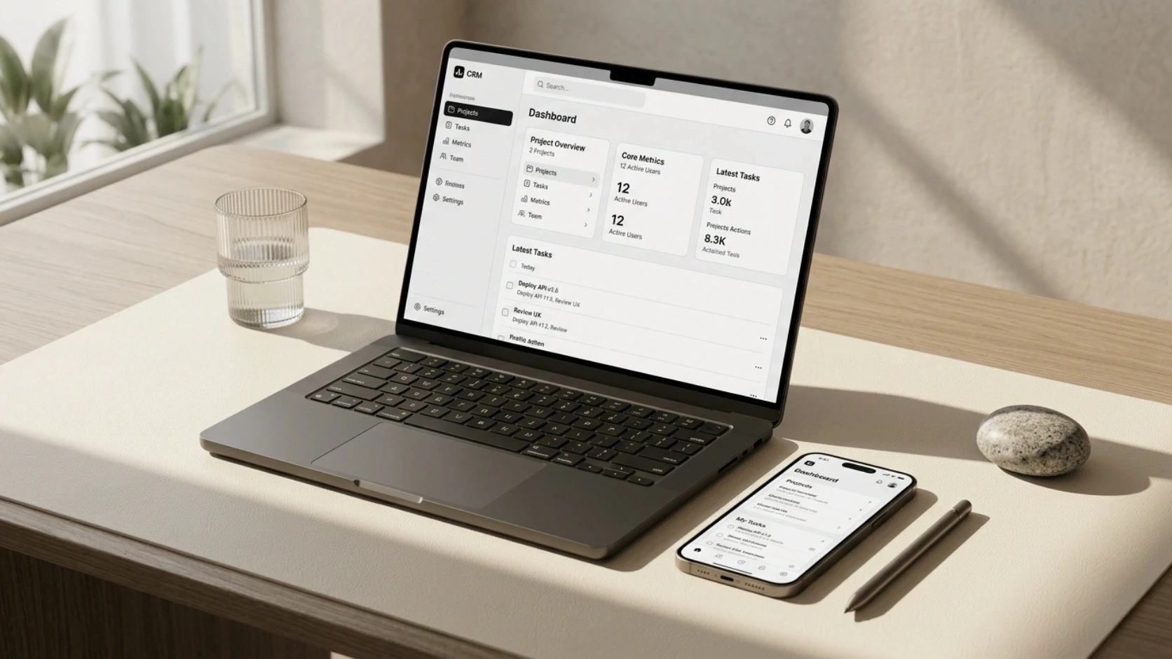 A laptop and smartphone on a cream-colored desk displaying a responsive web application prototype, highlighting lean MVP development for cross-platform software.