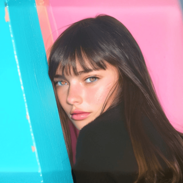 Moody portrait of a woman with straight dark hair and bangs leaning against a turquoise and pink wall, illuminated by soft natural light.