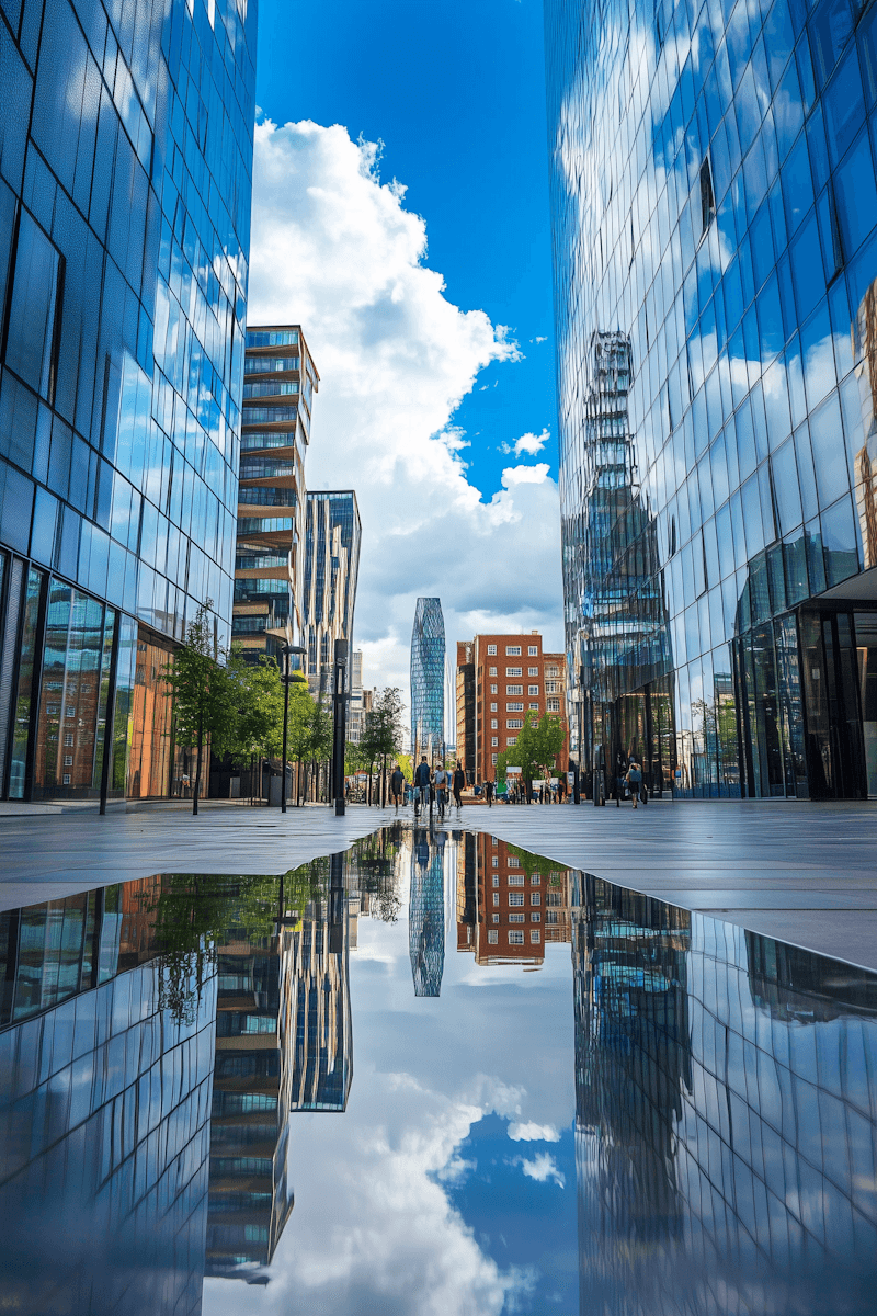 Modern glass office buildings lining a wide city walkway, with a large puddle in the foreground reflecting the skyline, clouds, and blue sky.