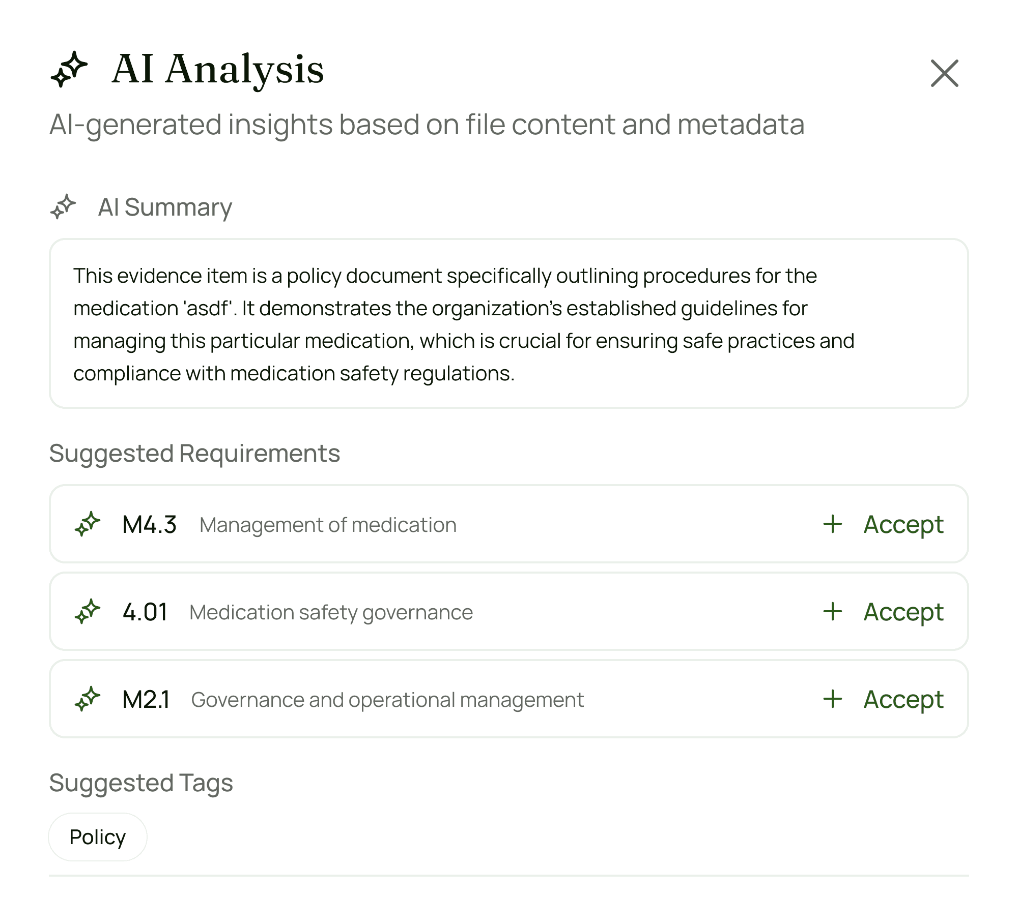 AI analysis interface showing evidence mapping to aged care requirements with suggested classifications