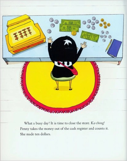 A cartoon drawing showing a cashier at a table with a cash register, money, a panicle and a notebook on it.