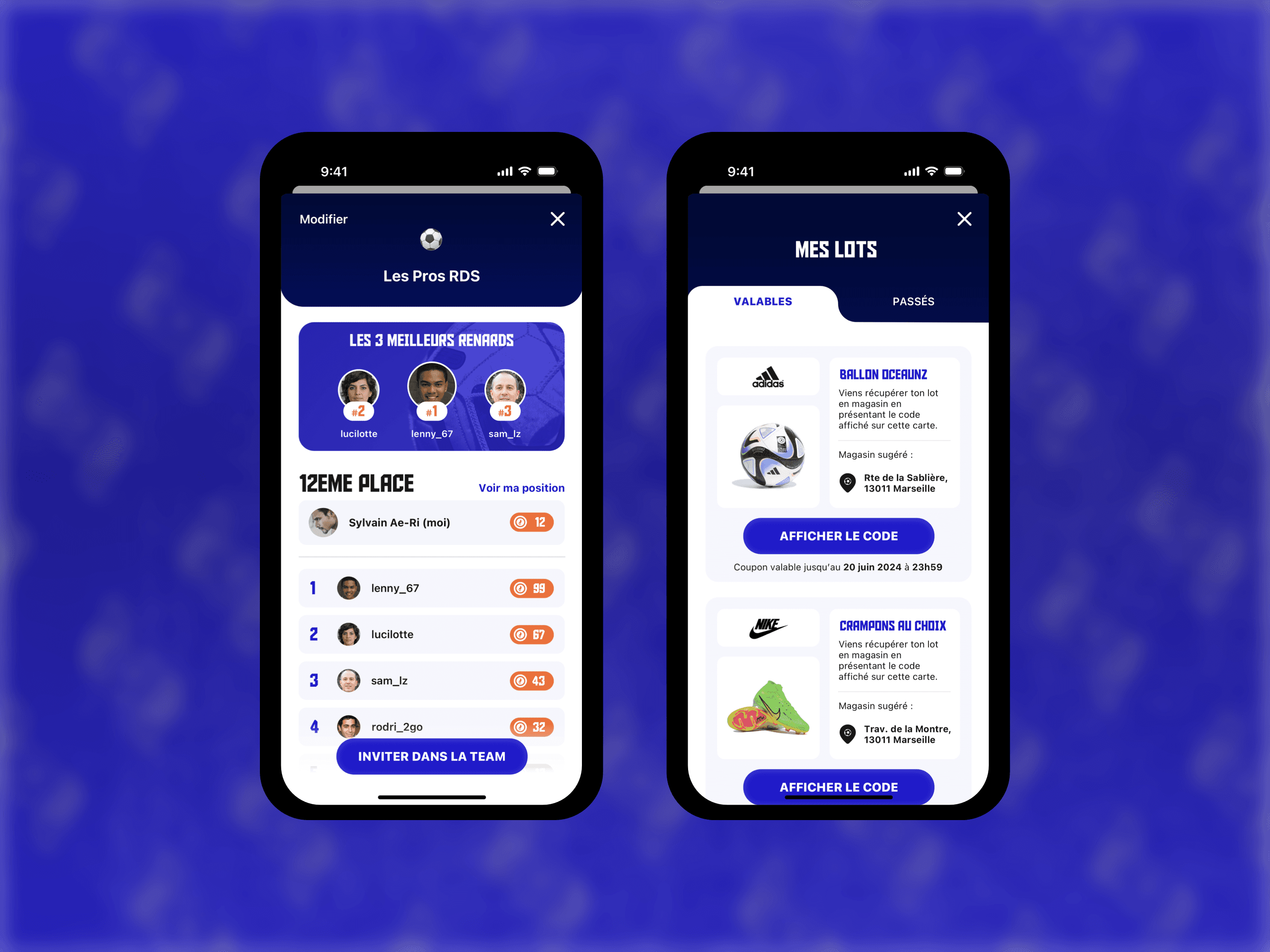 Interface de l'application mobile Renard des Surfaces.