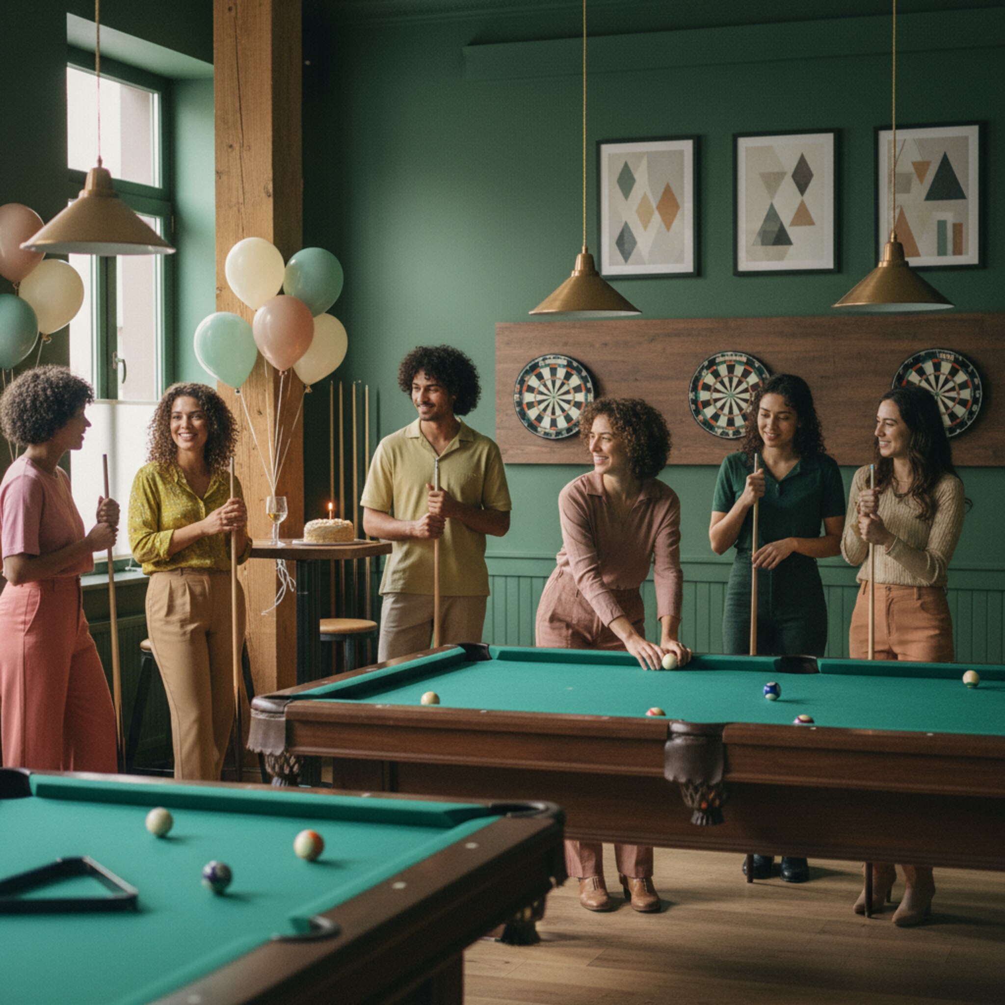 Eine Geburtstagsrunde versammelt sich um zwei nebeneinanderstehende Billardtische. Luftballons in gedeckten Farben, ein kleiner Kuchen mit Kerze wartet auf der Theke. Lächelnde Gesichter, jemand hält die Kreide, ein anderer positioniert die weißen Kugel. Die Szene wirkt organisiert, gesellig und bereit für einen langen Abend.
