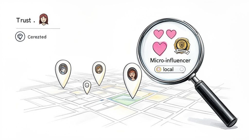 An illustration of a map with location pins, a magnifying glass finding local micro-influencers and trust indicators.